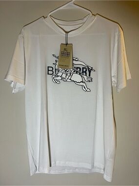Burberry White Short-Sleeve Logo Tee with Equestrian Motif